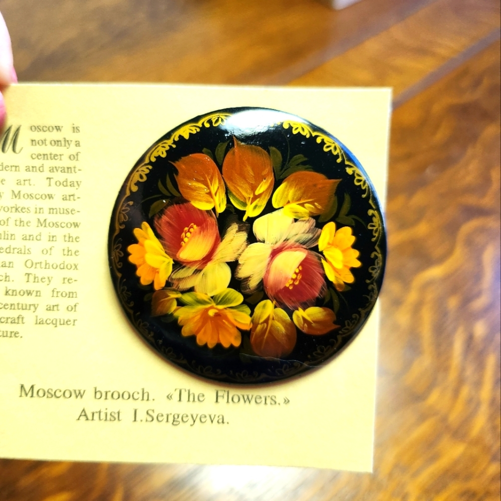 Moscow Brooch Pin Beautiful Hand Painted And Signed. Black With Flowers.